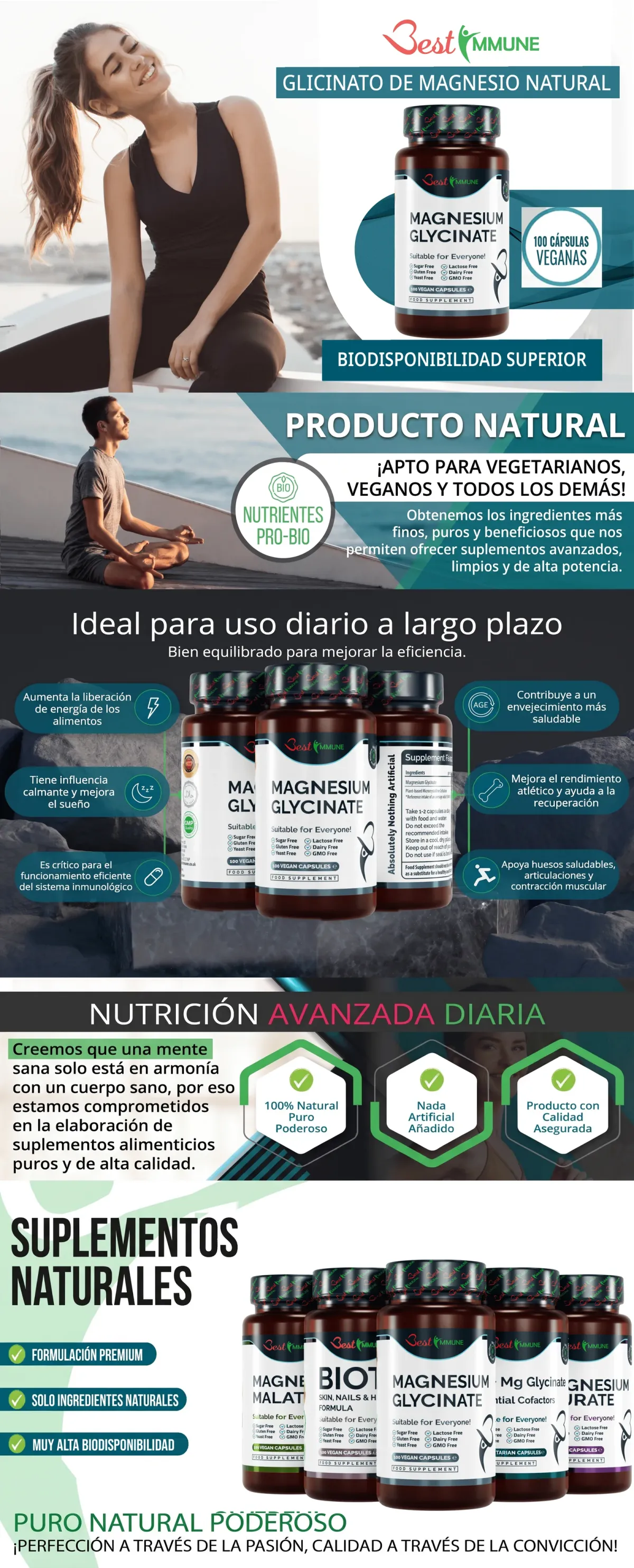 Infografía de glicinato de magnesio natural de Best Immune, destacando sus propiedades y beneficios para la salud.
