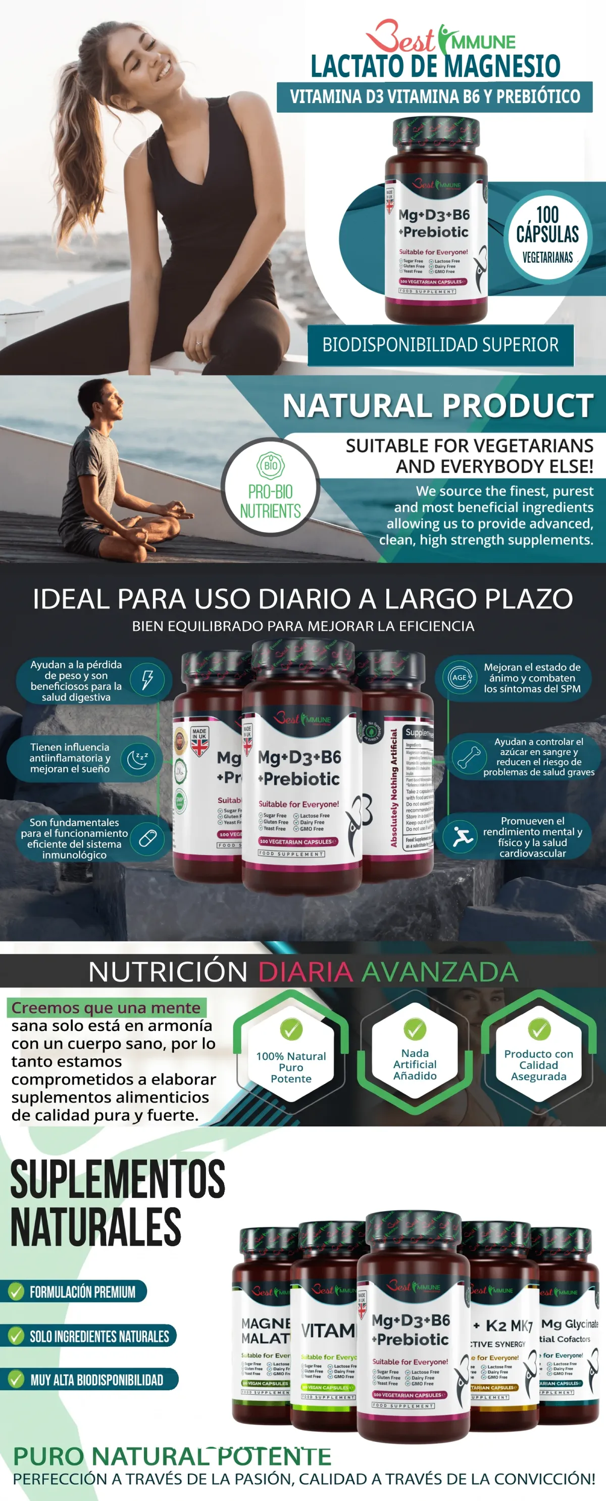 Infografía del suplemento de lactato de magnesio con vitaminas D3, B6 y prebiótico de Best Immune.