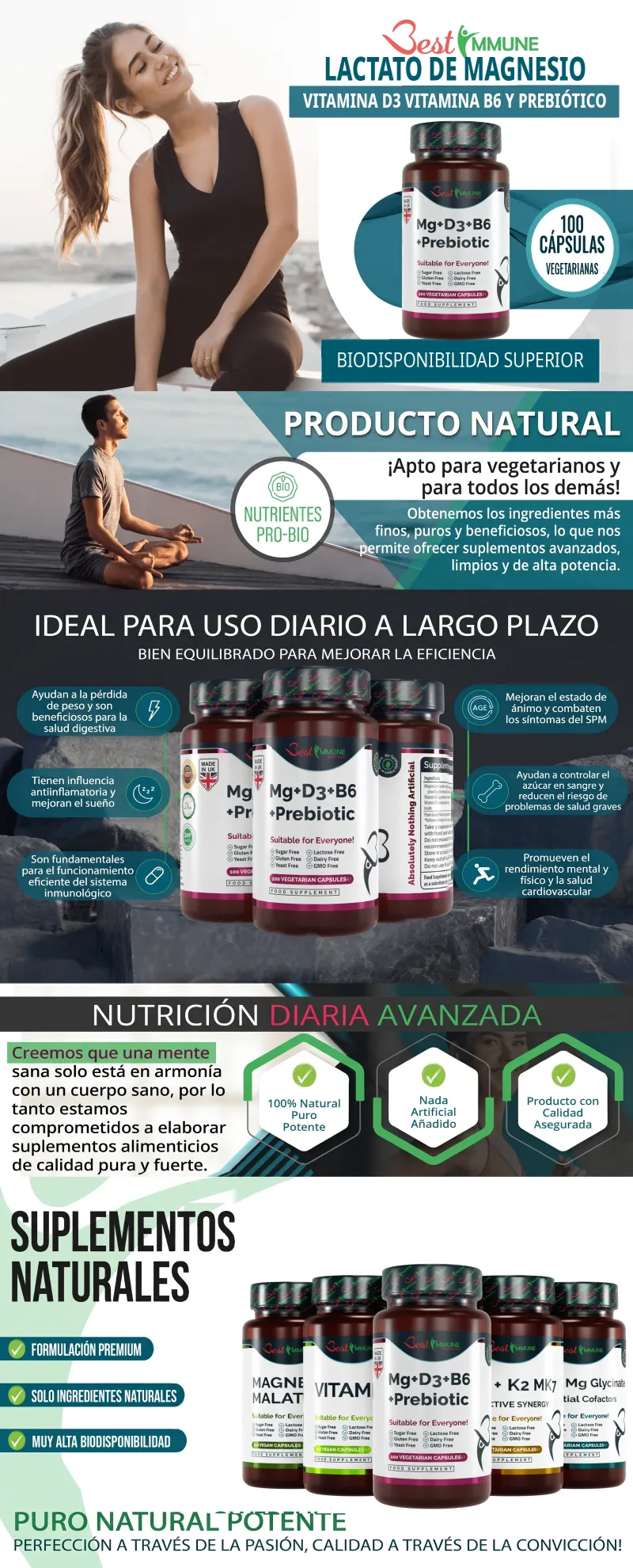 Infografía del suplemento de lactato de magnesio con vitaminas D3, B6 y prebiótico de Best Immune.