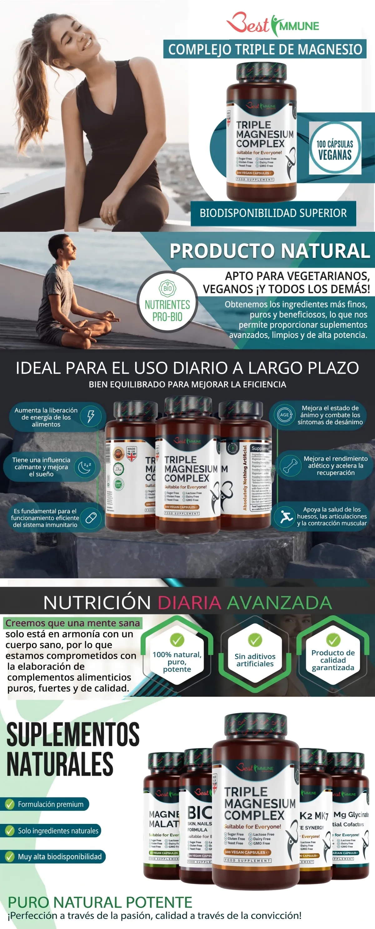 Infografía del suplemento Complejo Triple de Magnesio de Best Immune con sus características y beneficios.