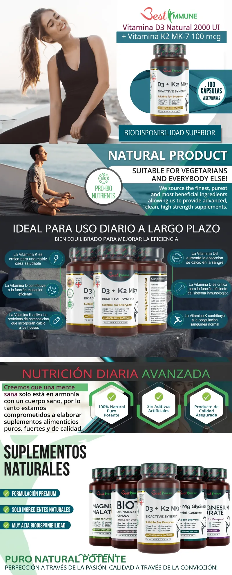 Infografía del suplemento de vitamina D3 y K2 MK-7 de Best Immune destacando sus beneficios e ingredientes naturales.