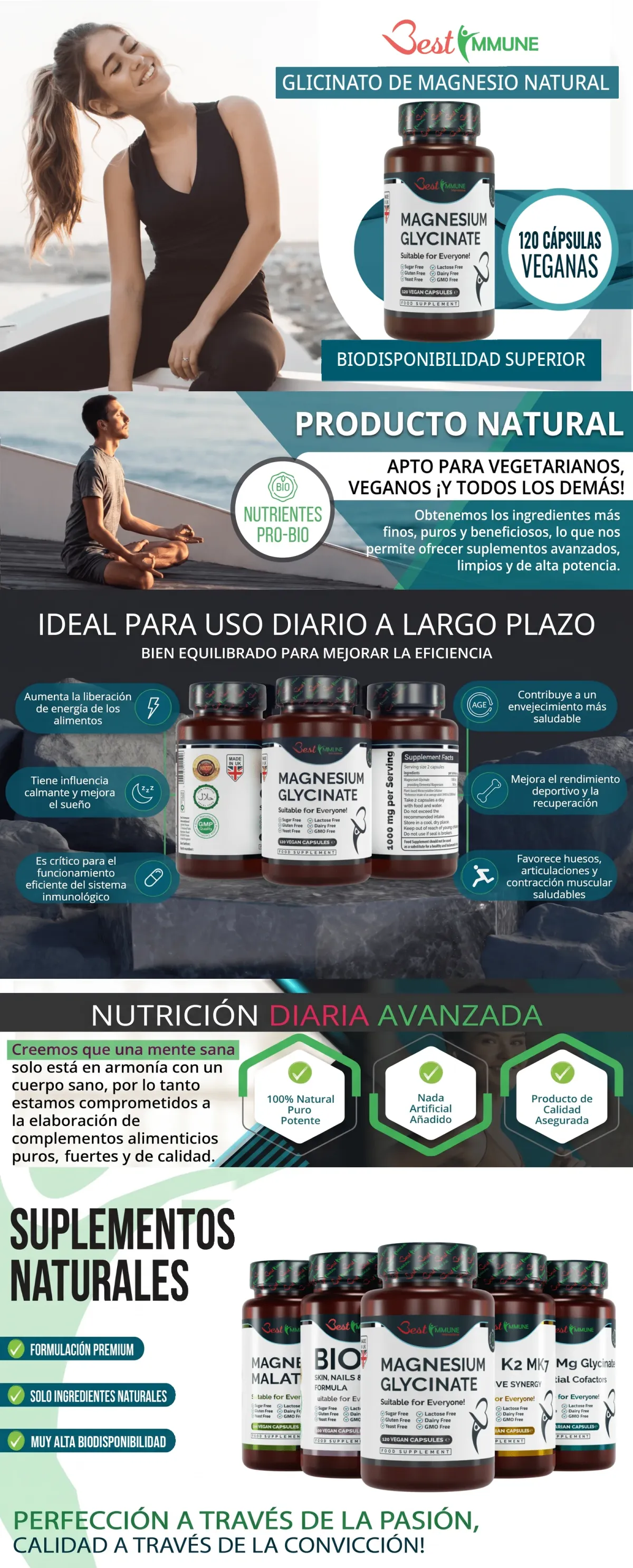Infografía del suplemento de glicinato de magnesio natural destacando sus características y beneficios para la salud.