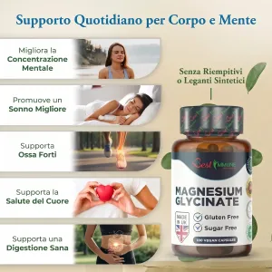 Magnesio bisglicinato migliorato 500mg, senza nulla di artificiale, 100 capsule vegane Flacone di Magnesium Glycinate accanto a un'infografica con immagini e lista di benefici.