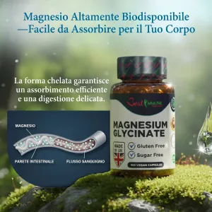 Magnesio bisglicinato migliorato 500mg, senza nulla di artificiale, 100 capsule vegane Flacone di integratore di magnesio glicinato e schema dell'assorbimento intestinale.