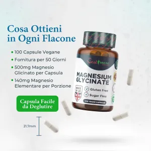 Magnesio bisglicinato migliorato 500mg, senza nulla di artificiale, 100 capsule vegane Flacone di magnesio glicinato circondato da capsule con indicazione della misura di 21,7 mm.