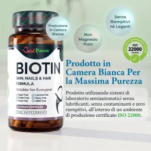 Biotina formula per capelli, pelle e unghie, qualità premium, prodotto naturale Flacone di integratore di biotina con testo informativo sulla produzione in camera bianca.
