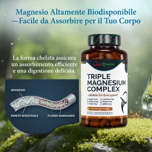 Complesso avanzato di tre magnesi, dosaggio ideale: magnesio citrato, L-ascorbato e ossido, 100 capsule vegane, prodotto naturale Flacone di Triple Magnesium Complex e infografica sull'assorbimento intestinale.