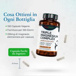Complesso avanzato di tre magnesi, dosaggio ideale: magnesio citrato, L-ascorbato e ossido, 100 capsule vegane, prodotto naturale Flacone di Triple Magnesium Complex con capsule e indicazione delle dimensioni di 21,7 mm.