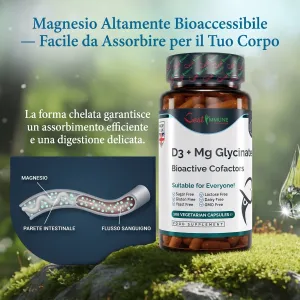 Complesso bioattivo D3 + Magnesio bisglicinato, qualità premium, prodotto naturale Flacone di D3 e magnesio glicinato con diagramma dell'assorbimento intestinale.