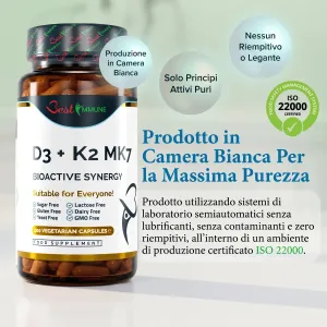 Vitamina D3 naturale 2000IU K2 MK7 100mcg, 100 capsule di grado farmaceutico Flacone frontale di integratore D3 + K2 MK7 con capsule visibili e testi informativi.