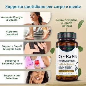 Vitamina D3 naturale 2000IU K2 MK7 100mcg, 100 capsule di grado farmaceutico Flacone di integratore D3 e K2 MK7 accanto a una lista di riquadri illustrati con testo.