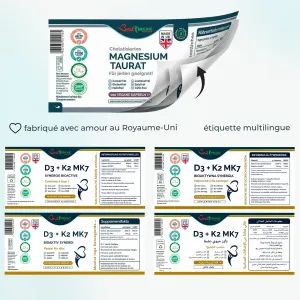Vitamina D3 naturale 2000IU K2 MK7 100mcg, 100 capsule di grado farmaceutico Etichetta apribile multilingue del flacone con informazioni e valori nutrizionali.