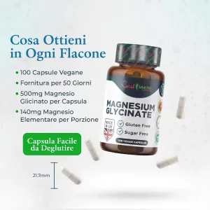 Magnesio bisglicinato naturale 1000mg per dose, qualità premium, dosaggio ideale, 120 capsule vegane, massima biodisponibilità Flacone di magnesio glicinato con capsule e indicazione delle dimensioni di 21,7 mm.