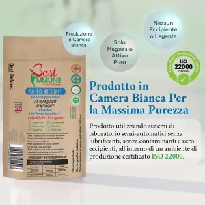 Magnesio bisglicinato migliorato 500mg, senza nulla di artificiale, 100 capsule vegane, confezione ecologica Confezione di magnesio glicinato con etichetta e indicazioni sugli standard di produzione ISO 22000.