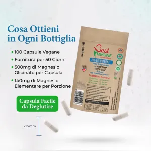 Magnesio bisglicinato migliorato 500mg, senza nulla di artificiale, 100 capsule vegane, confezione ecologica Busta di magnesio glicinato con capsule e indicazione delle dimensioni di 21,7 mm.