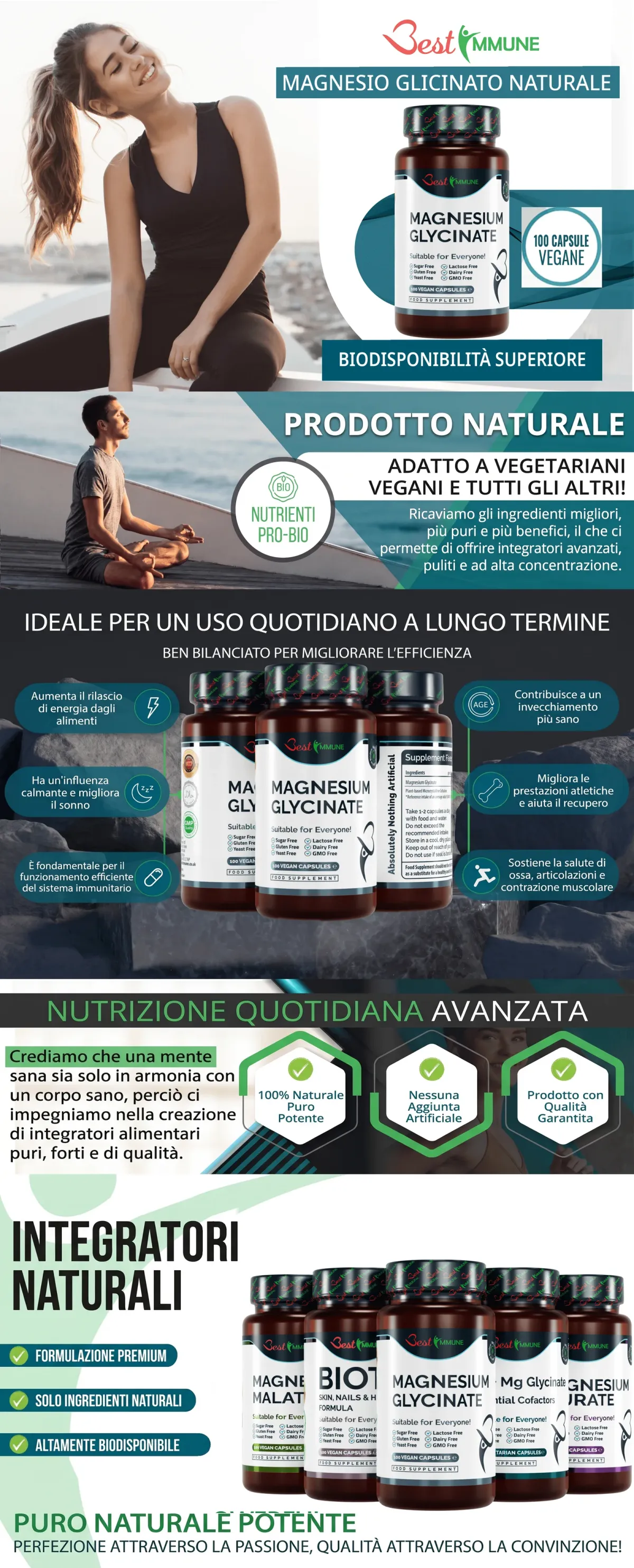 Infografica informativa sull'integratore Best Immune Magnesio Glicinato Naturale, con benefici e caratteristiche.