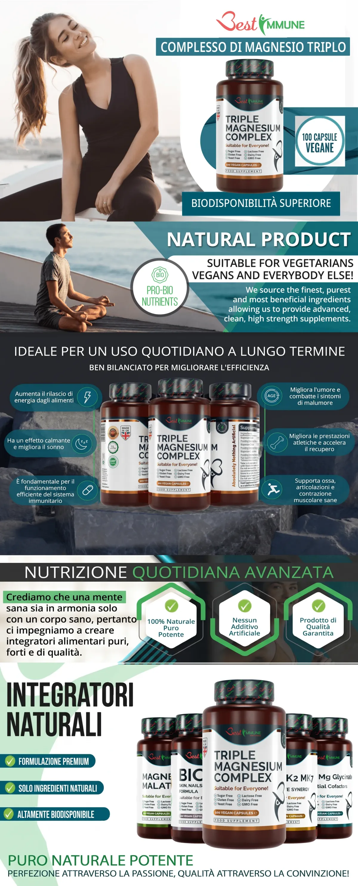 Infografica dell'integratore Complesso di Magnesio Triplo di Best Immune con benefici e caratteristiche.