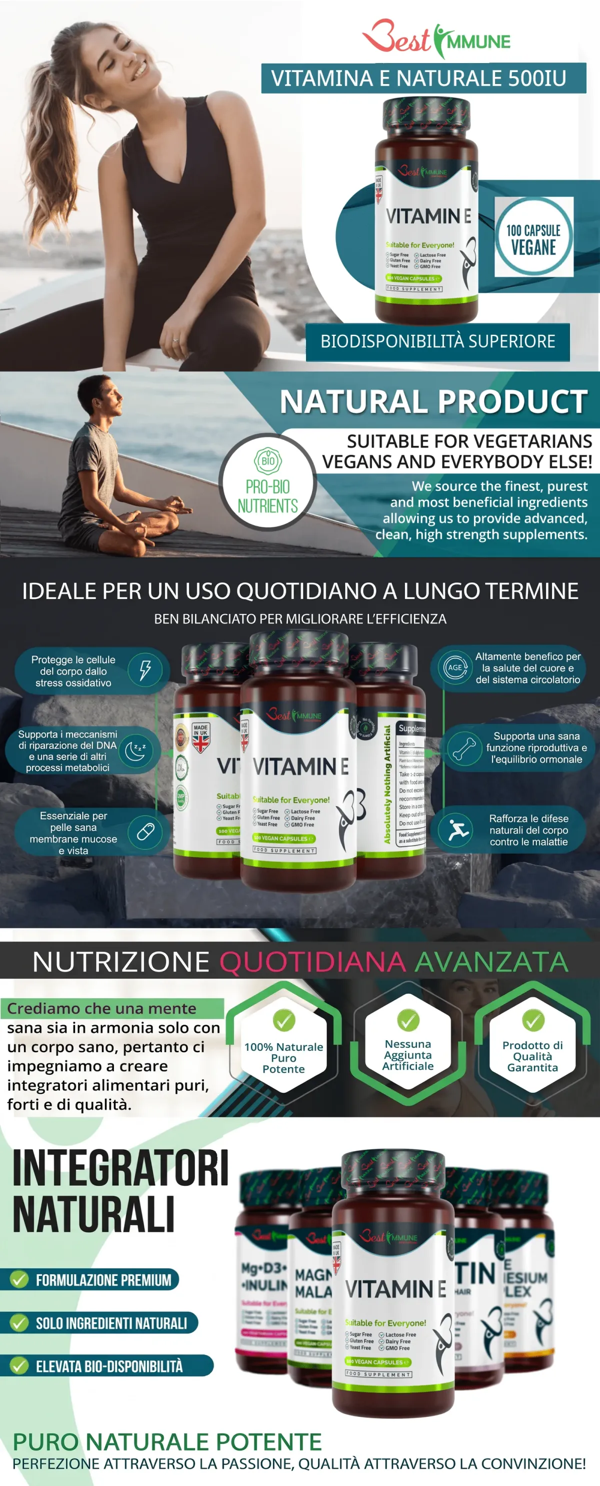 Infografica informativa sull'integratore di Vitamina E naturale 500IU di Best Immune con benefici e caratteristiche.