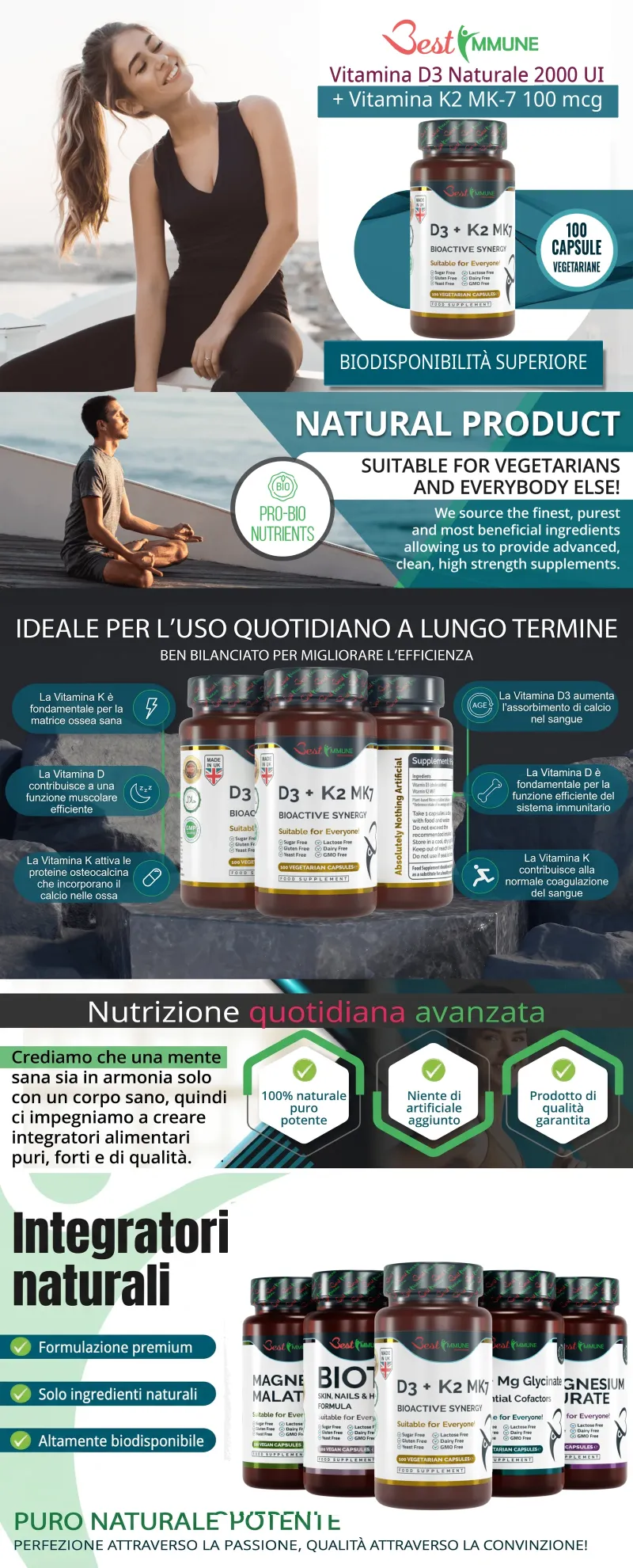 Infografica informativa sull'integratore naturale di Vitamina D3 e K2 MK-7 con benefici e caratteristiche.