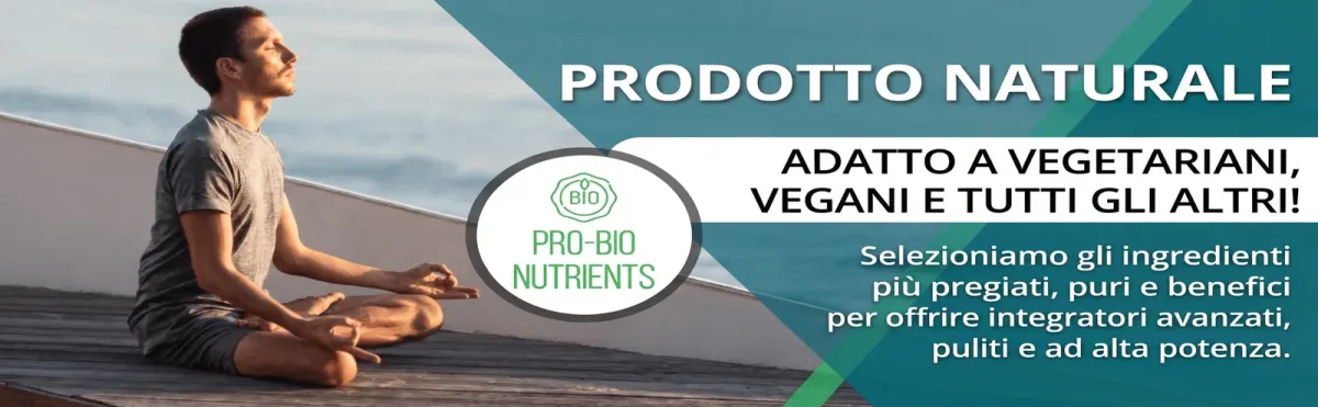 Un uomo medita in riva al mare con testo che descrive integratori naturali adatti a vegetariani e vegani.