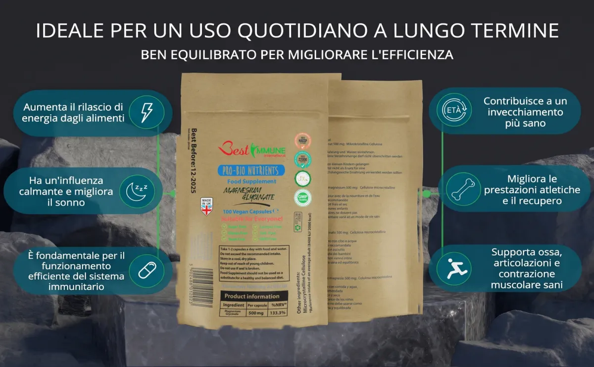 Confezione di integratore di magnesio con elenco dei benefici per energia, sonno, sistema immunitario e muscoli.