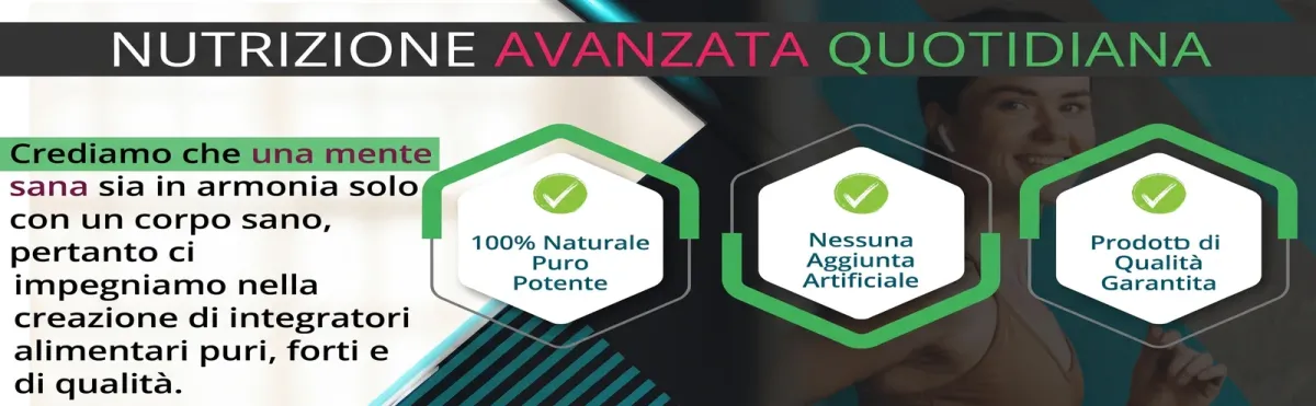 Banner su nutrizione quotidiana con una donna sorridente e le caratteristiche di qualità degli integratori.