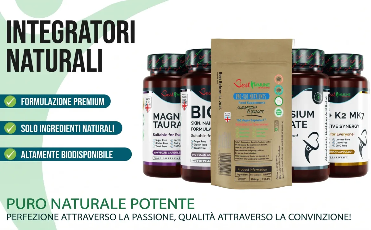 Flaconi e confezione di integratori alimentari naturali con i principali punti di forza.