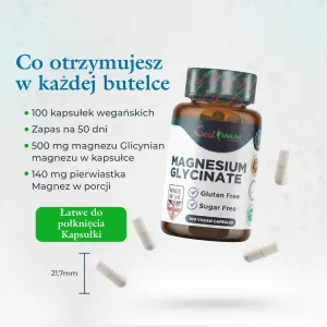 Ulepszony glicynian magnezu 500mg Bez sztucznych dodatków 100 kapsułek wegańskich Butelka Magnesium Glycinate, białe kapsułki o długości 21,7 mm oraz lista zawartości opakowania.