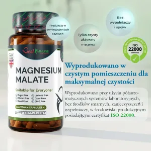 Naturalny jabłczan magnezu 500mg Jakość premium Idealna moc 100 kapsułek wegańskich Przód butelki suplementu Magnesium Malate z kapsułkami i informacjami o produkcji.