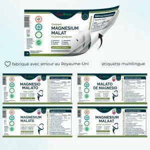 Wielojęzyczna etykieta suplementu diety Magnesium Malate z tabelami wartości odżywczych.