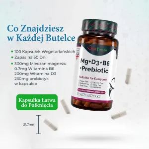 Immune Boost Magnez, witaminy B6 i D3 oraz prebiotyk inulina Naturalny kompleks Butelka suplementu diety, kapsułki z podanym wymiarem oraz lista informacji o zawartości.