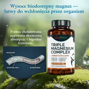 Zaawansowany potrójny kompleks magnezu Idealna moc Cytrynian, L-askorbinian i tlenek magnezu 100 kapsułek wegańskich Produkt naturalny Butelka Triple Magnesium Complex i schemat wchłaniania magnezu do krwiobiegu.
