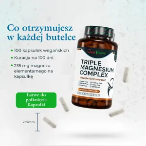 Zaawansowany potrójny kompleks magnezu Idealna moc Cytrynian, L-askorbinian i tlenek magnezu 100 kapsułek wegańskich Produkt naturalny Butelka Triple Magnesium Complex, białe kapsułki oraz grafika z wymiarem kapsułki 21,7 mm.