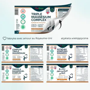 Zaawansowany potrójny kompleks magnezu Idealna moc Cytrynian, L-askorbinian i tlenek magnezu 100 kapsułek wegańskich Produkt naturalny Wielojęzyczna etykieta suplementu Triple Magnesium Complex z informacją żywieniową.
