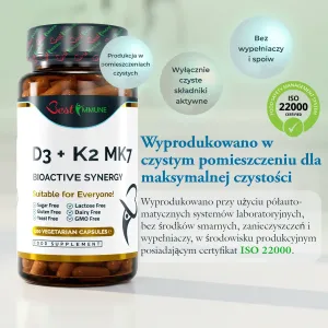 Naturalna witamina D3 2000IU K2 MK7 100mcg 100 kapsułek jakości farmaceutycznej Butelka z kapsułkami D3 + K2 MK7 obok tekstu opisującego warunki produkcji suplementu.