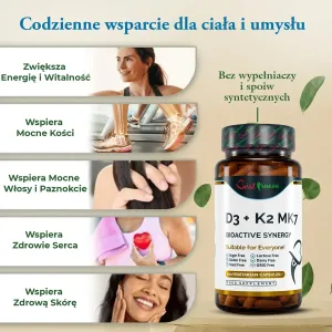 Naturalna witamina D3 2000IU K2 MK7 100mcg 100 kapsułek jakości farmaceutycznej Butelka suplementu D3 + K2 MK7 obok infografiki ze zdjęciami i opisami.