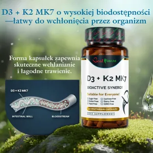 Naturalna witamina D3 2000IU K2 MK7 100mcg 100 kapsułek jakości farmaceutycznej Butelka suplementu D3 + K2 MK7 na mchu obok schematu wchłaniania w jelicie.