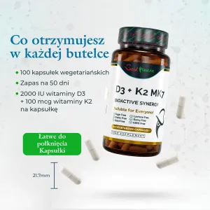 Butelka suplementu D3 i K2 MK7 z kapsułkami, ich wymiarem oraz opisem zawartości opakowania.