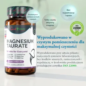 Naturalny taurynian magnezu 500mg Najwyższa jakość Idealna moc 100 kapsułek wegańskich Najwyższa biodostępność Przód butelki Magnesium Taurate z etykietą oraz informacjami o certyfikacie ISO 22000.