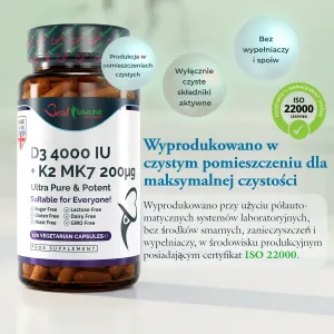 Słoik suplementu diety Best Immune D3 i K2 na tle informacji o produkcji i certyfikatu ISO 22000.