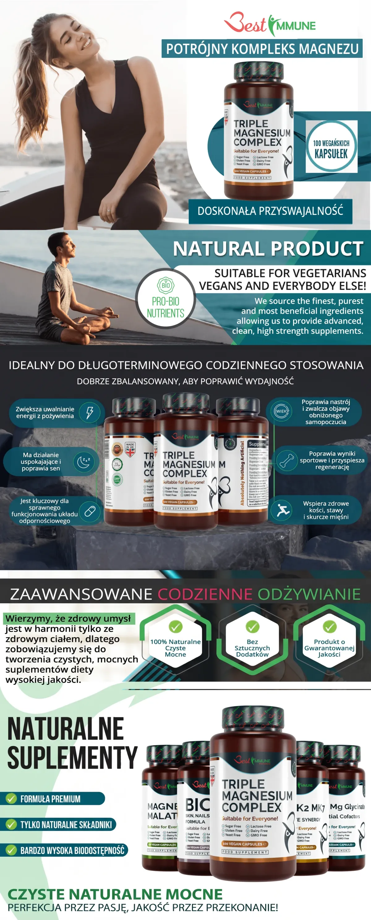 Infografika prezentująca suplement Potrójny Kompleks Magnezu marki Best Immune i jego właściwości zdrowotne.