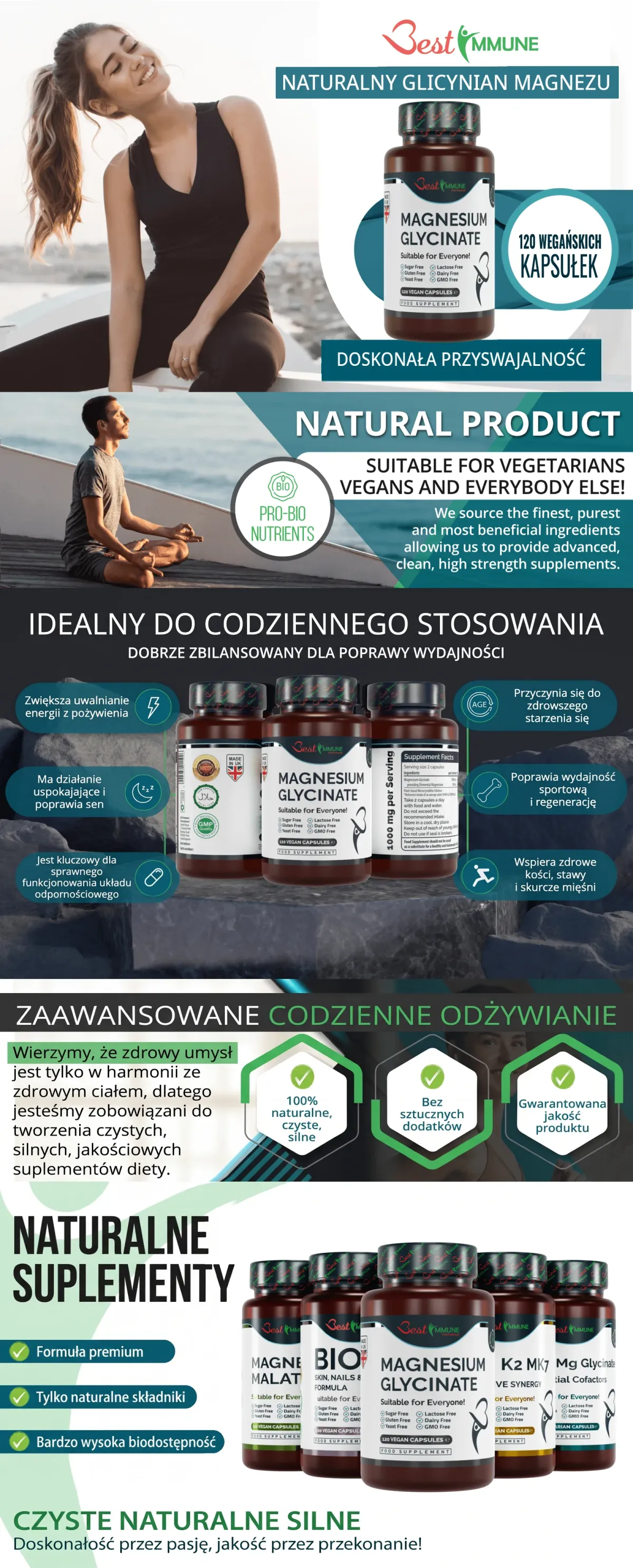 Grafika informacyjna suplementu diety Best Immune – naturalny glicynian magnezu i jego właściwości.