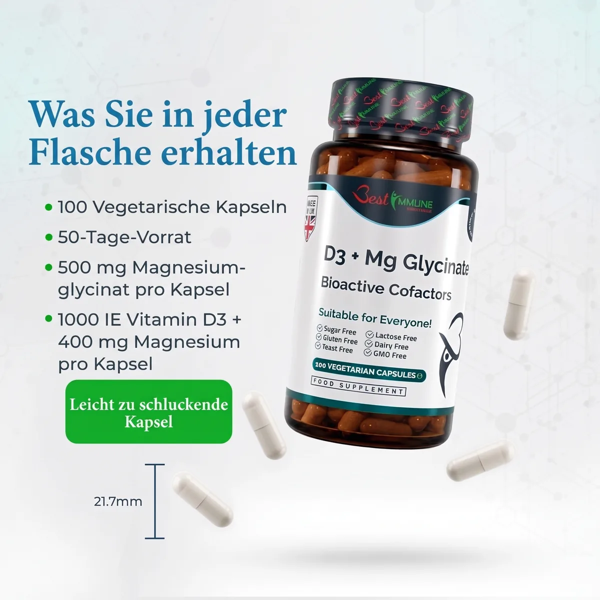 D3 + Magnesiumglycinat Bioaktiver Komplex – Premium-Qualität, Naturprodukt Dose D3 und Magnesiumglycinat mit Kapseln, Maßangabe von 21,7 mm und Angaben zum Flascheninhalt.