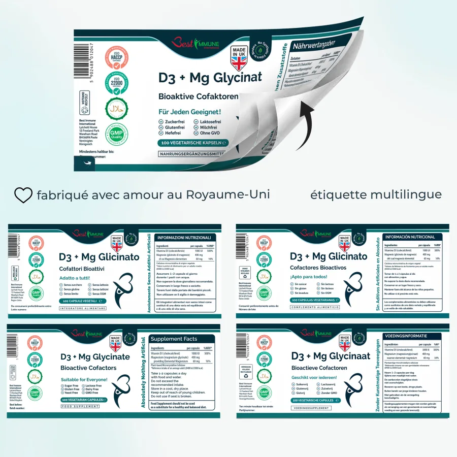 D3 + Magnesiumglycinat Bioaktiver Komplex – Premium-Qualität, Naturprodukt Mehrsprachiges Etikett für D3 + Mg Glycinat mit Nährwertangaben.