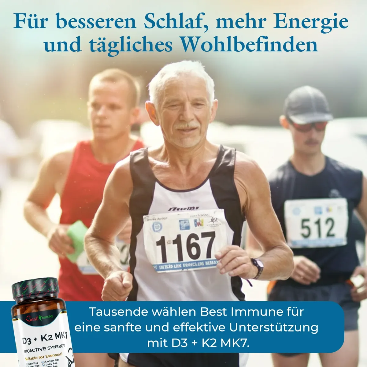 Natürliches Vitamin D3 2000IU K2 MK7 100mcg – 100 Kapseln in Pharmaqualität Ein älterer Marathonläufer mit eingeblendeter Dose Vitamin D3 und K2 MK7.