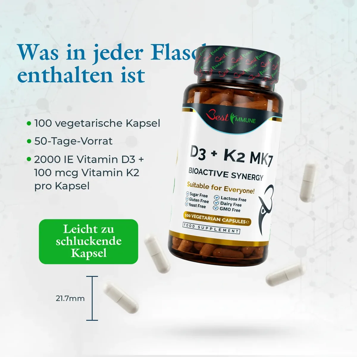 Natürliches Vitamin D3 2000IU K2 MK7 100mcg – 100 Kapseln in Pharmaqualität Best Immune D3 + K2 MK7 Flasche mit Kapseln und Angabe der Kapselgröße von 21,7 mm.