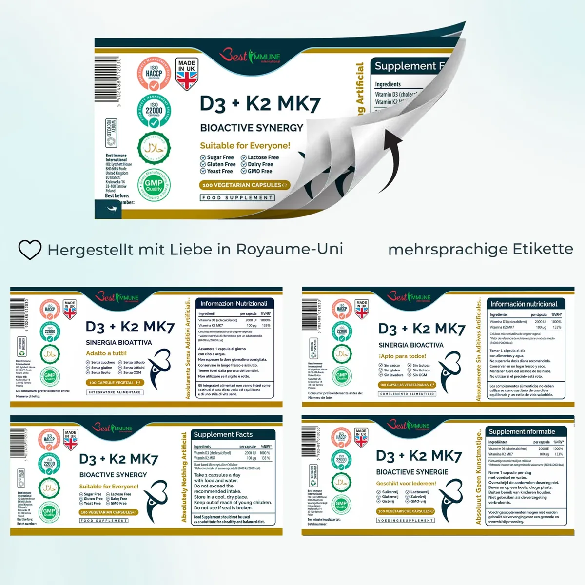 Natürliches Vitamin D3 2000IU K2 MK7 100mcg – 100 Kapseln in Pharmaqualität Mehrsprachiges Etikett für Vitamin D3 und K2 MK7 mit Nährwertangaben.