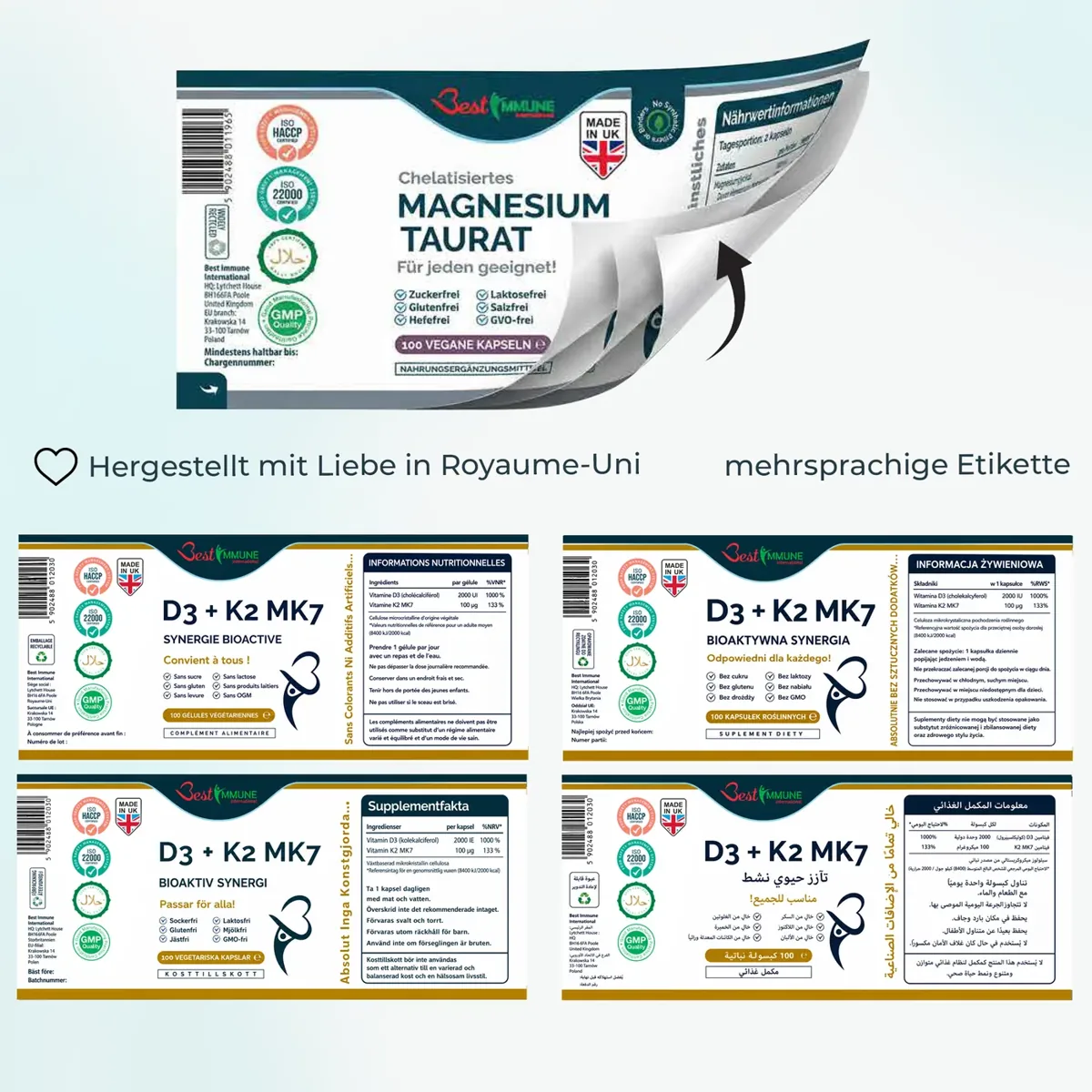 Natürliches Vitamin D3 2000IU K2 MK7 100mcg – 100 Kapseln in Pharmaqualität Mehrsprachige Produktetiketten der D3 + K2 MK7 Kapseln mit Nährwertangaben.