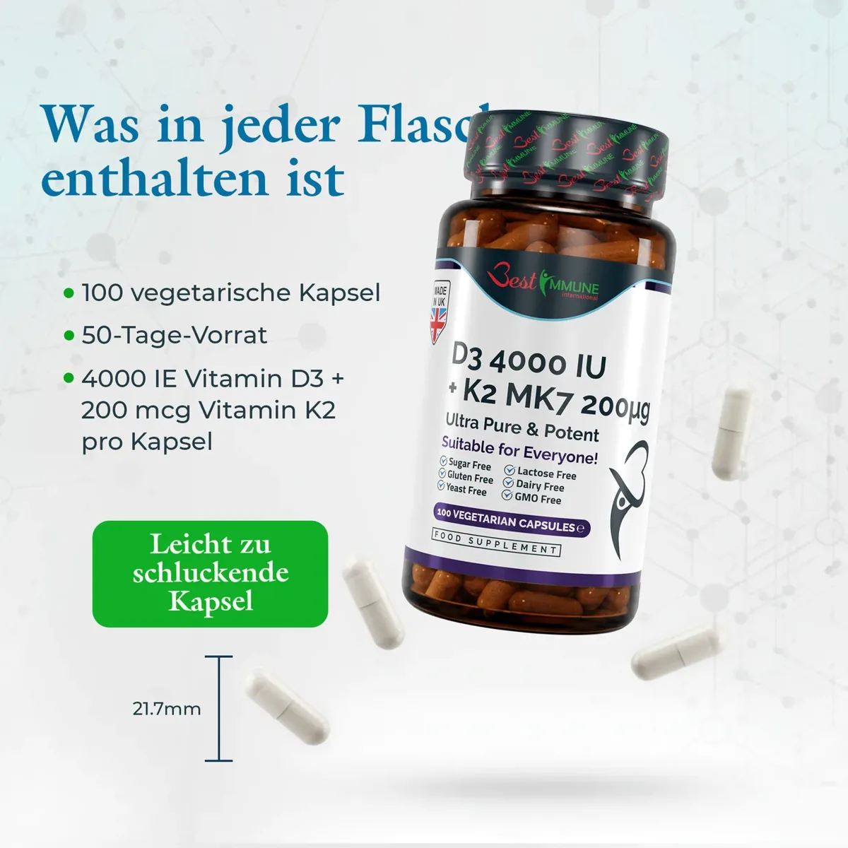 Natürliches Vitamin D3 4000IU K2 MK7 200mcg – 100 Kapseln in Pharmaqualität Vitamin-D3- und K2-Flasche mit Kapseln, Kapselgröße von 21,7 mm und Angaben zum Packungsinhalt.