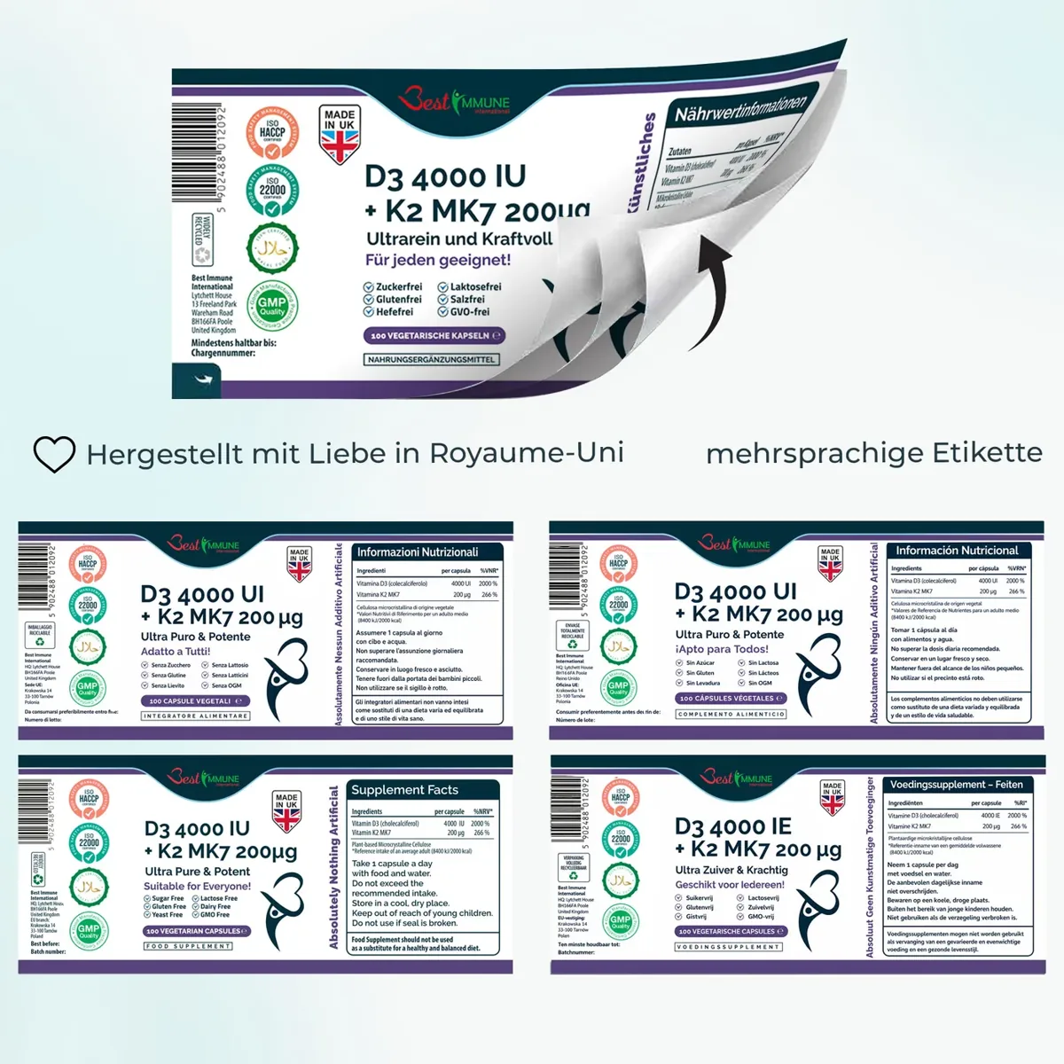Natürliches Vitamin D3 4000IU K2 MK7 200mcg – 100 Kapseln in Pharmaqualität Mehrsprachige Produktetiketten mit Nährwertangaben für Vitamin D3 und K2 Kapseln.